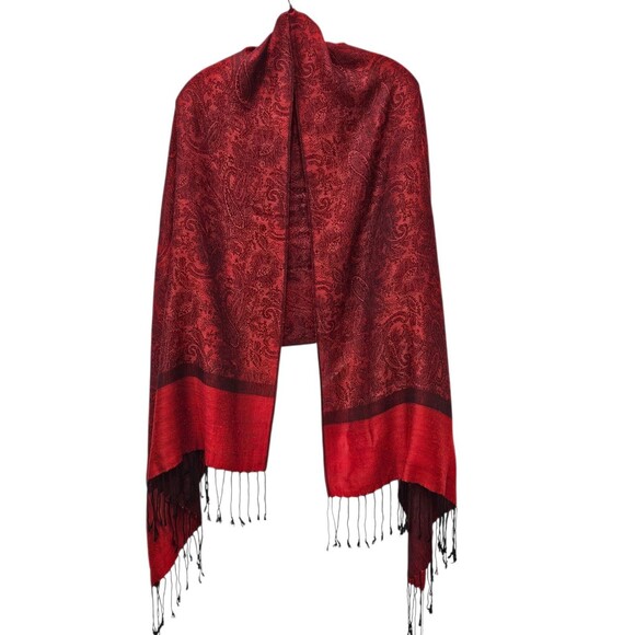 Womens Cashmere Silk Pashmina Red Paisley Scarf Wrap Shawl Stole Fringe 68x26 - Picture 1 of 16